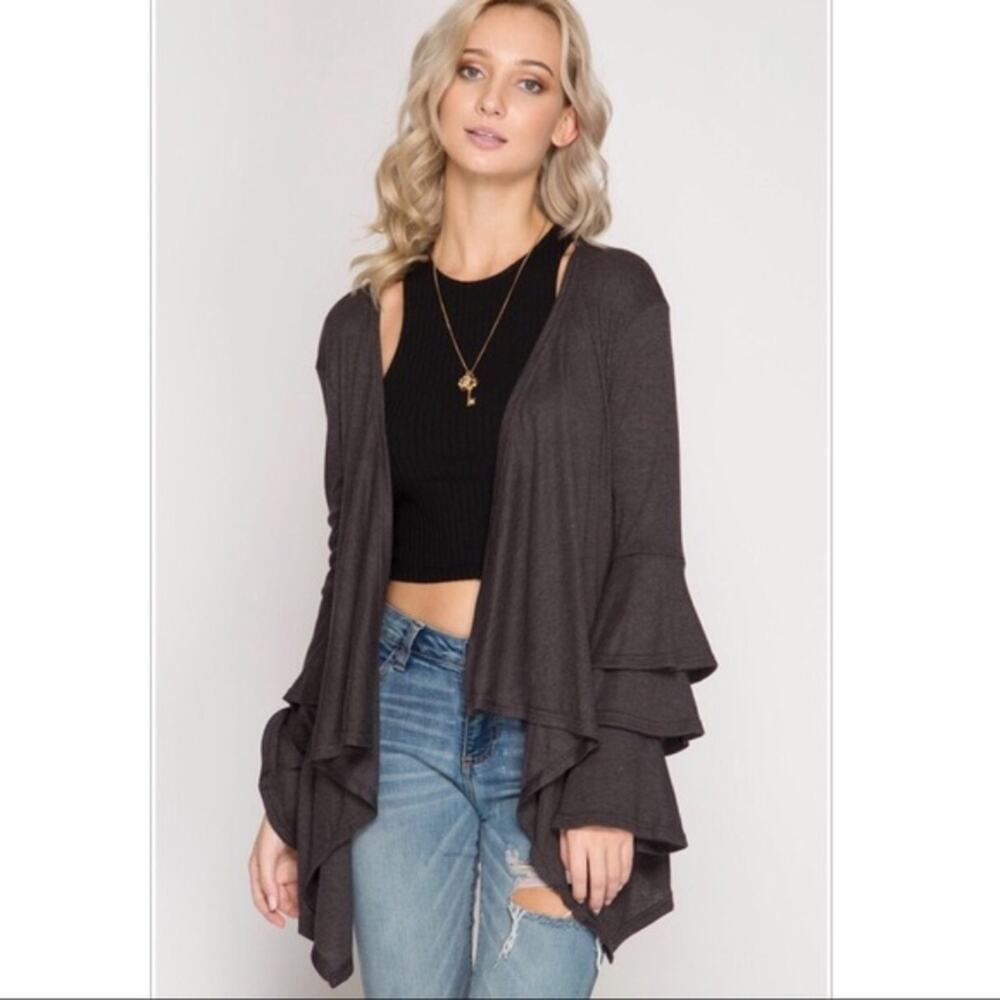 Triple Ruffled Bell Sleeve Open Cardigan
